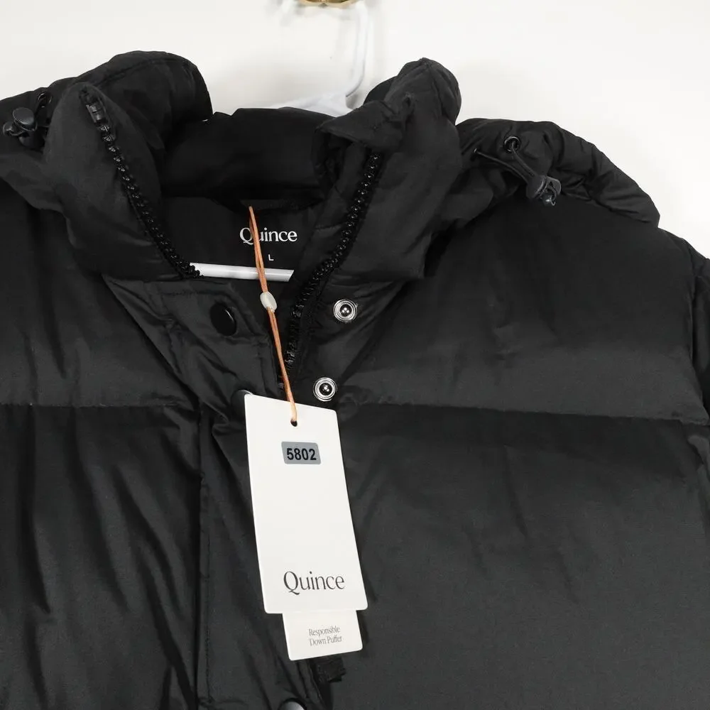 Quince Women's Large Responsible Down Long Puffer Jacket Hooded Black $200 Retro